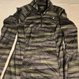 Asics Women's Black and Olive Green Striped Half-Zip Top